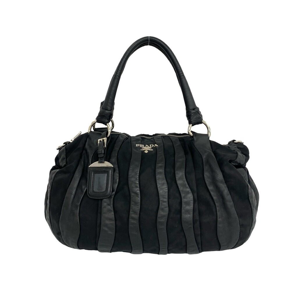 PRADA Prada Logo Hardware Striped Leather Tessuto Pocono Nylon Tote Bag Handb...